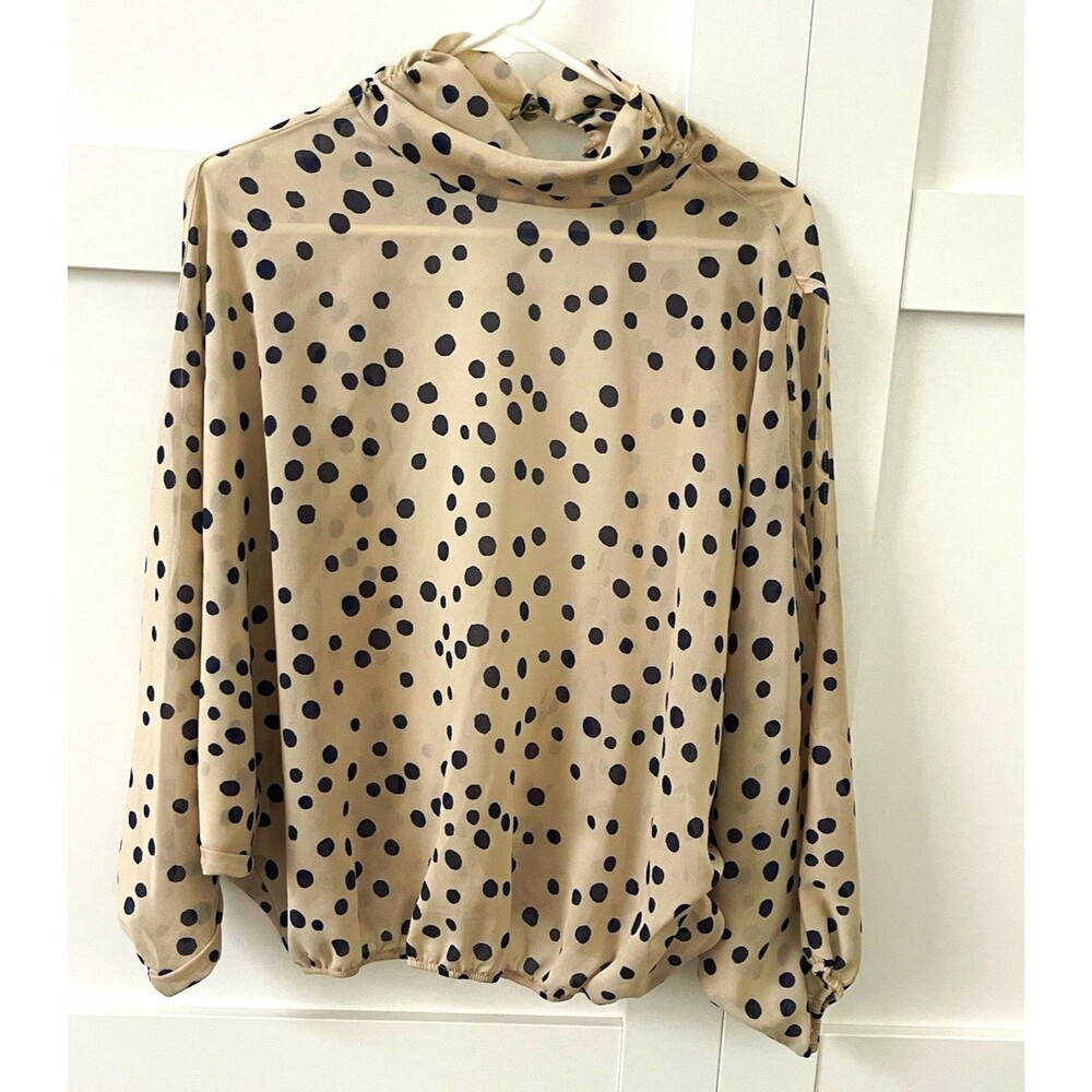 Feathers N Cream Women’s Beige Navy Blue Polka Dot High Neck 3/4 Sleeve Blouse M